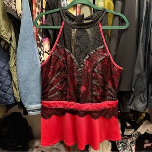 Max Studio Red and Black Asymmetrical Embellished Blouse